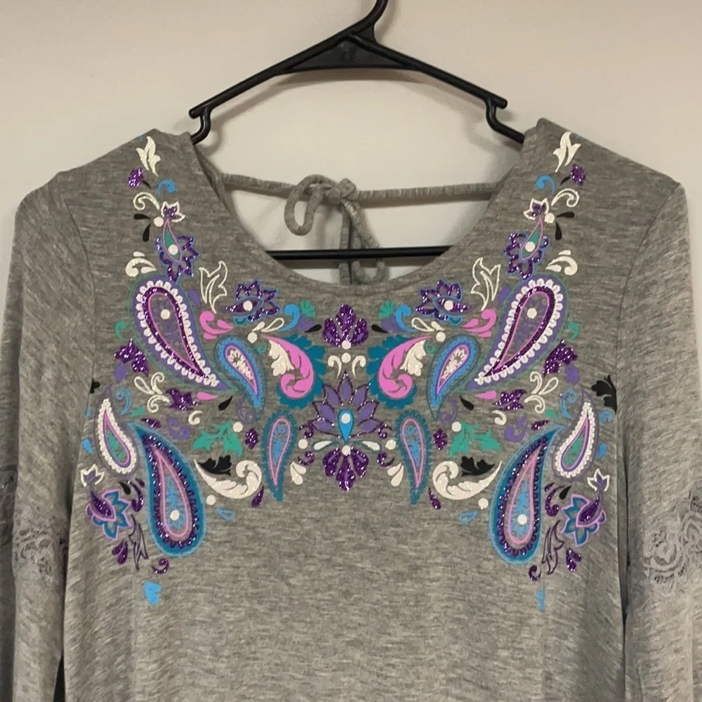 Justice Girl's gray dress with purple & pink paisley, 14